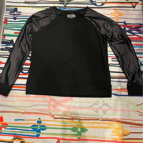 Victoria Sport Tops Victoria Sport Black Faux Leather Sleeve Crewneck Sweatshirt - Picture 1 of 4